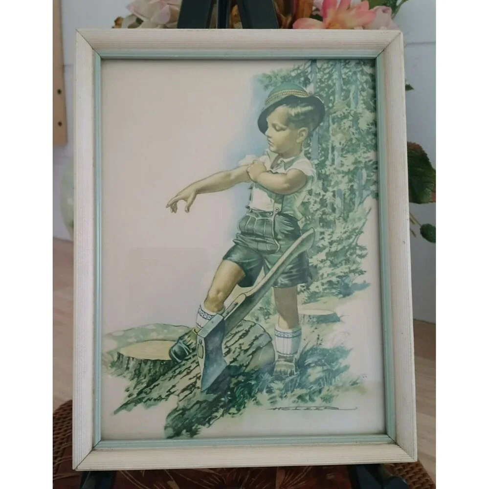 Vintage Art Print Forestry Work Young German Man with Axe In Traditional Dress - Picture 2 of 8